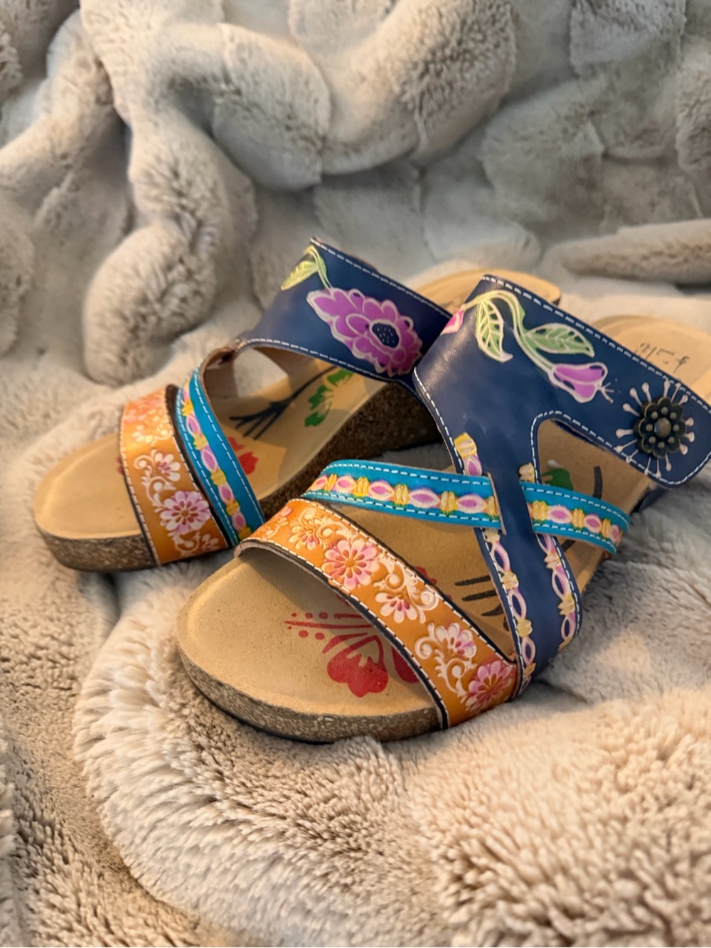 Spring Step Women's Floral Navy and Orange Wedge Sandals